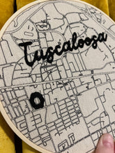 Load image into Gallery viewer, 8 inch &quot;Tuscaloosa&quot; University of Alabama College Campus &amp; Bryant-Denny Stadium Hand-Drawn art Map &amp; Hand- Embroidered Hoop
