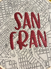Load image into Gallery viewer, Dusty Rose Pink - 8 inch &quot;San Fran” Downtown San Francisco and Bay Area Hand-Drawn art Map &amp; Hand- Embroidered City name Hoop
