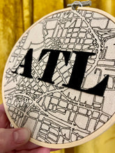 Load image into Gallery viewer, 6 inch Downtown Atlanta hand-Drawn Map &amp; &quot;ATL&quot; hand-Embroidered Letters Hoop
