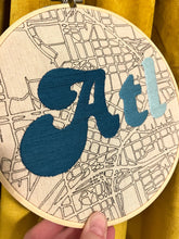 Load image into Gallery viewer, Blueish Green Gradient - 8 inch &quot;ATL&quot; Downtown Atlanta Hand-Drawn Map &amp; Hand- Embroidered Letters Hoop
