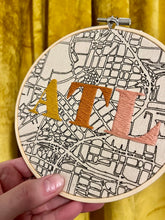 Load image into Gallery viewer, 6 inch (Sunset Colors - Yellow/Orange/Peach) Downtown Atlanta hand-Drawn Map &amp; &quot;ATL&quot; hand-Embroidered Letters Hoop
