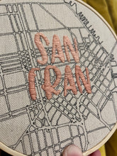 Load image into Gallery viewer, 2-toned-peach 6 inch &quot;San Fran” Downtow San Francisco “Bay Area” Hand-Drawn art Map &amp; Hand- Embroidered Hoop

