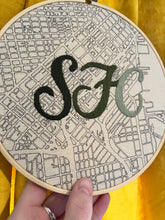 Load image into Gallery viewer, Green Gradient - 8 inch &quot;SFC&quot; Downtown San Francisco Bay Area Hand-Drawn Art Map &amp; Hand- Embroidered Letters Hoop
