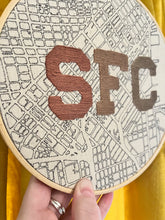 Load image into Gallery viewer, Pink to Taupe Gradient - 8 inch &quot;SFC” Downtown San Francisco Bay Area Hand-Drawn Art Map &amp; Hand- Embroidered Varsity Letters Hoop

