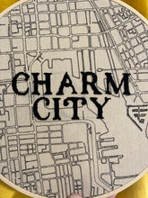 Load image into Gallery viewer, Black - 8 inch &quot;Charm City&quot; Downtown Baltimore, MD Hand-Drawn art Map of MD Roads &amp; Hand- Embroidered Hoop
