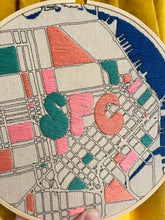 Load image into Gallery viewer, Pink/ Teal / Peach - 8 inch &quot;SFC&quot; Downtown Bay Area San Francisco Hand-Drawn art Map &amp; Hand- Embroidered Groovy Letters Hoop
