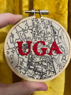 3 inch “UGA” Classic City College Campus Map - University of Georgia Hand Drawn Art Map w/ hand embroidery Hoop (red)