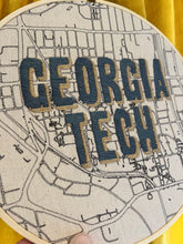 Load image into Gallery viewer, Georgia Tech- 8 inch College Campus Map - Hand Drawn Art Map of downtown Atlanta w/ hand embroidered Hoop (blue &amp; gold)
