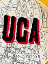 Load image into Gallery viewer, 6 inch “UGA” Classic City College Campus Map - University of Georgia Hand Drawn Art Map w/ hand embroidered Hoop (black &amp; red)
