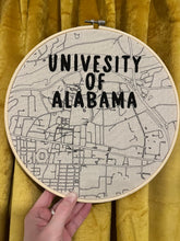 Load image into Gallery viewer, 10 inch &quot;University of Alabama” College Campus &amp; Hand-Drawn art Map of Tuscaloosa, AL &amp; Bryant-Denny Stadium Hand- Embroidered Hoop
