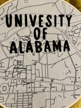 Load image into Gallery viewer, 10 inch &quot;University of Alabama” College Campus &amp; Hand-Drawn art Map of Tuscaloosa, AL &amp; Bryant-Denny Stadium Hand- Embroidered Hoop
