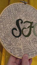Load and play video in Gallery viewer, Green Gradient - 8 inch &quot;SFC&quot; Downtown San Francisco Bay Area Hand-Drawn Art Map &amp; Hand- Embroidered Letters Hoop
