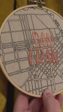 Load and play video in Gallery viewer, 2-toned-peach 6 inch &quot;San Fran” Downtow San Francisco “Bay Area” Hand-Drawn art Map &amp; Hand- Embroidered Hoop
