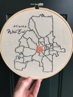 8 Inch Hand-Embroidered Map of Atlanta Neighborhoods with Neighborhood Personalization