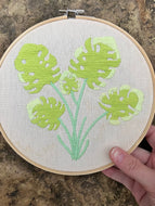 8 Inch Neon Green Monstera Leaf Hand-Embroidered Hoop