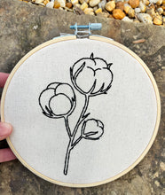 Load image into Gallery viewer, 6 inch &quot;Cotton Plant&quot; sprig in black contour outline hand embroidered drawing on neutral canvas
