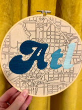 Load image into Gallery viewer, Blueish Green Gradient - 8 inch &quot;ATL&quot; Downtown Atlanta Hand-Drawn Map &amp; Hand- Embroidered Letters Hoop
