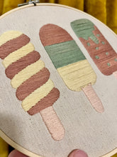 Load image into Gallery viewer, Hand-Embroidered 8-Inch Popsicle Artwork – &quot;Sweet Trio&quot; Pastel Yellow, Pink, and Green in Wooden Hoop
