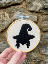 Load image into Gallery viewer, 4 inch Witch Silhouette Halloween Themed Hand-Embroidered Hoops
