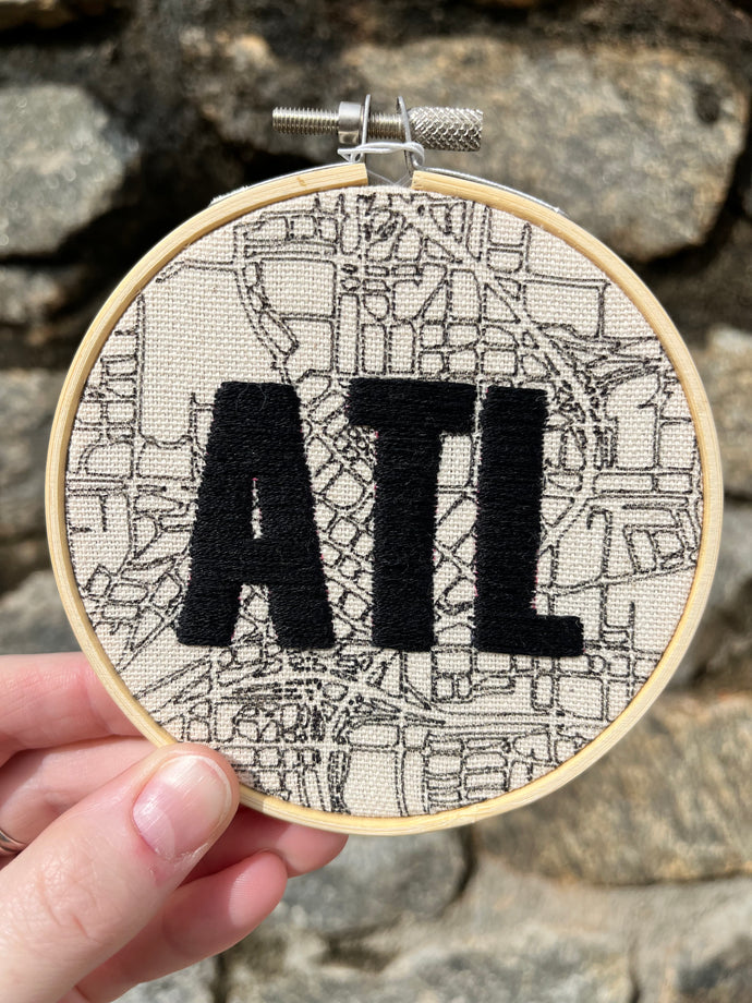 4 inch Hand Drawn Atlanta Map with Hand-Embroidered Monogram Hoop