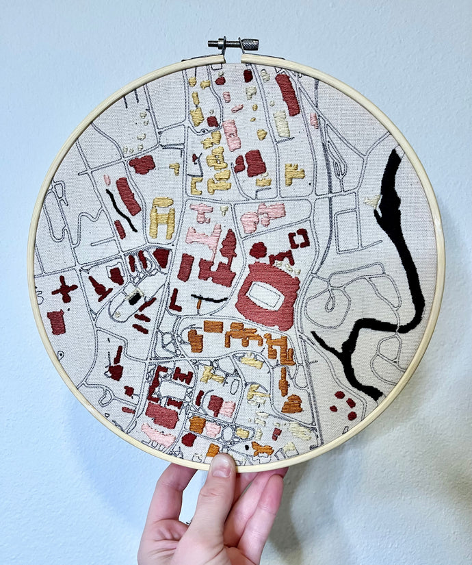 UGA College campus - 10 inch Classic City Art Map - “University of Georgia” Hand Drawn Art Map with hand embroidery Hoop (Sunset Colors)