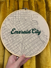 Load image into Gallery viewer, Emerald Green 10 inch &quot;Emerald City ” Seattle, WA Downtown Hand-Drawn Art Map &amp; Hand- Embroidered Lettered Script text Hoop
