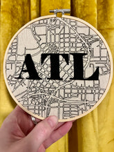 Load image into Gallery viewer, 6 inch Downtown Atlanta hand-Drawn Map &amp; &quot;ATL&quot; hand-Embroidered Letters Hoop
