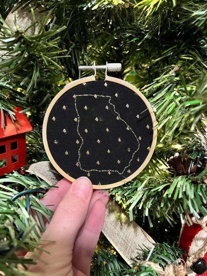 3 inch Black and Gold Hand-Embroidered Georgia Outline Christmas Ornament