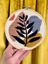 Load image into Gallery viewer, 6 inch Hand-Embroidered Plant leaf Silhouette with Soft Pastel colors Hoop
