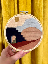 Load image into Gallery viewer, 6 inch Hand-Embroidered Western Desert Mountains with archway door and Moon Lanscape Silhouette Hoop
