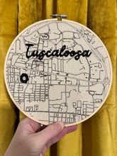 Load image into Gallery viewer, 8 inch &quot;Tuscaloosa&quot; University of Alabama College Campus &amp; Bryant-Denny Stadium Hand-Drawn art Map &amp; Hand- Embroidered Hoop
