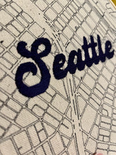 Load image into Gallery viewer, Navy Blue- 8 inch &quot;Seattle” Downtown Seattle, Washington Hand-Drawn art Map &amp; Hand- Embroidered Letters Hoop
