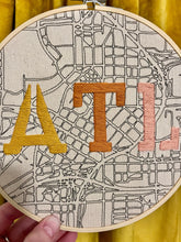 Load image into Gallery viewer, Yellow / Orange / Pink (sunset) 8-inch hand drawn Downtown Atlanta Map with &quot;ATL&quot; Hand Embroidered Hoop
