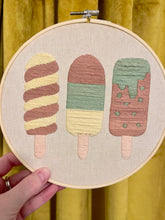 Load image into Gallery viewer, Hand-Embroidered 8-Inch Popsicle Artwork – &quot;Sweet Trio&quot; Pastel Yellow, Pink, and Green in Wooden Hoop
