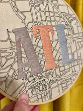 Load image into Gallery viewer, Lilac / Peach / Blue 8 inch &quot;ATL&quot; hand-embroidered letters over Downtown Atlanta, Hand-Drawn Map
