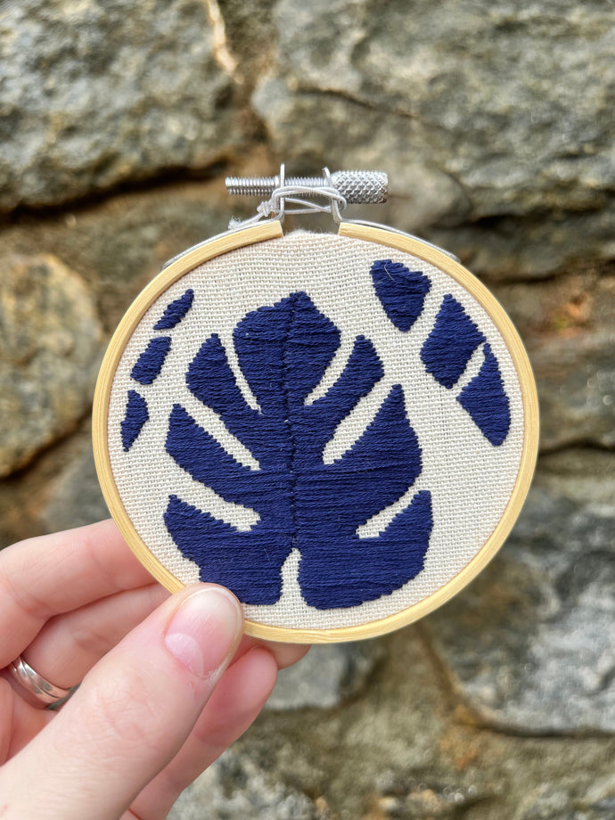 3 inch House Plant Leaf Silhouette (Navy) Hand-Embroidered Hoop
