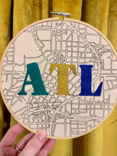 Load image into Gallery viewer, Green/ Chartreus/ Violet 8 inch Downtown Atlanta, &quot;ATL&quot; Hand-Drawn Map and Embroidered Letters Hoop
