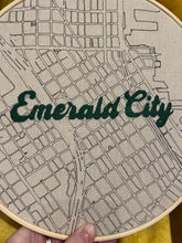 Load image into Gallery viewer, Emerald Green 10 inch &quot;Emerald City ” Seattle, WA Downtown Hand-Drawn Art Map &amp; Hand- Embroidered Lettered Script text Hoop
