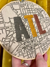Load image into Gallery viewer, 6 inch (Gunmetal Grey, Goldenrod, and Copper) Downtown Atlanta hand-Drawn Map &amp; &quot;ATL&quot; hand-Embroidered Letters Hoop
