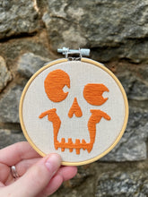 Load image into Gallery viewer, 4 inch Skull Face/ Jack-o-Lantern Halloween Themed Hand-Embroidered Hoops (3 Colors)
