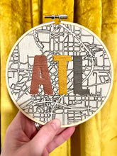 Load image into Gallery viewer, 6 inch (Copper/ Goldenrod/ Gunmetal Grey) Downtown Atlanta hand-Drawn Map &amp; &quot;ATL&quot; hand-Embroidered Letters Hoop
