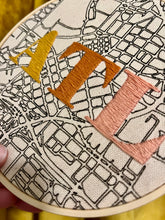 Load image into Gallery viewer, 6 inch (Sunset Colors - Yellow/Orange/Peach) Downtown Atlanta hand-Drawn Map &amp; &quot;ATL&quot; hand-Embroidered Letters Hoop
