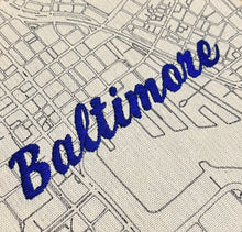 Load image into Gallery viewer, Blue - 8 inch &quot;Baltimore&quot; Downtown Baltimore, MD Hand-Drawn art Map of Charm City Roads &amp; Hand- Embroidered Hoop
