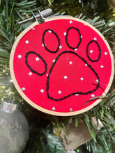 Load image into Gallery viewer, 3 inch Black and Red Paw Print Hand-Embroidered Outline Christmas Ornament
