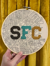 Load image into Gallery viewer, Grey/ Teal / Gold - 8 inch &quot;SFC&quot; Downtown San Francisco Hand-Drawn art Map of the Bay Area &amp; Hand- Embroidered Varsity Letters Hoop
