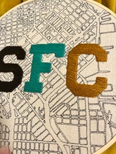 Load image into Gallery viewer, Grey/ Teal / Gold - 8 inch &quot;SFC&quot; Downtown San Francisco Hand-Drawn art Map of the Bay Area &amp; Hand- Embroidered Varsity Letters Hoop
