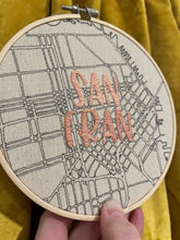 Load image into Gallery viewer, 2-toned-peach 6 inch &quot;San Fran” Downtow San Francisco “Bay Area” Hand-Drawn art Map &amp; Hand- Embroidered Hoop
