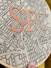 Load image into Gallery viewer, Peach Gradient - 8 inch &quot;SFC&quot; Downtown San Francisco Bay Area Hand-Drawn Art Map &amp; Hand- Embroidered Letters Hoop
