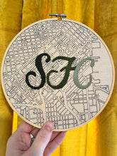 Load image into Gallery viewer, Green Gradient - 8 inch &quot;SFC&quot; Downtown San Francisco Bay Area Hand-Drawn Art Map &amp; Hand- Embroidered Letters Hoop
