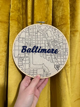 Load image into Gallery viewer, Blue - 8 inch &quot;Baltimore&quot; Downtown Baltimore, MD Hand-Drawn art Map of Charm City Roads &amp; Hand- Embroidered Hoop
